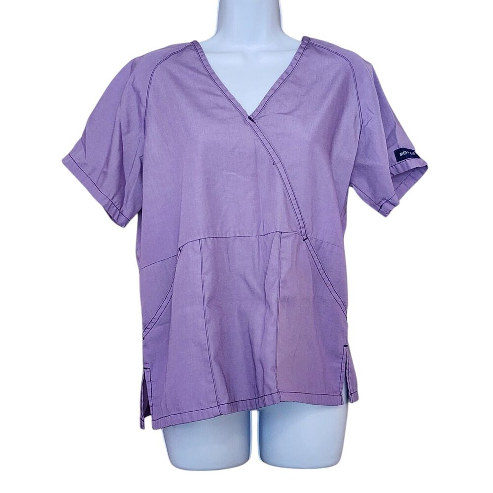 Med + Wear Womens Scrub Top Size S Purple Pockets Split Seam V-Neck Raglan